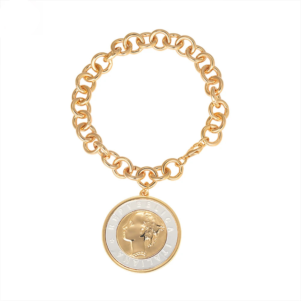 18K Gold Plated Bronze Italian 500-Lira Coin Chain Bracelet.