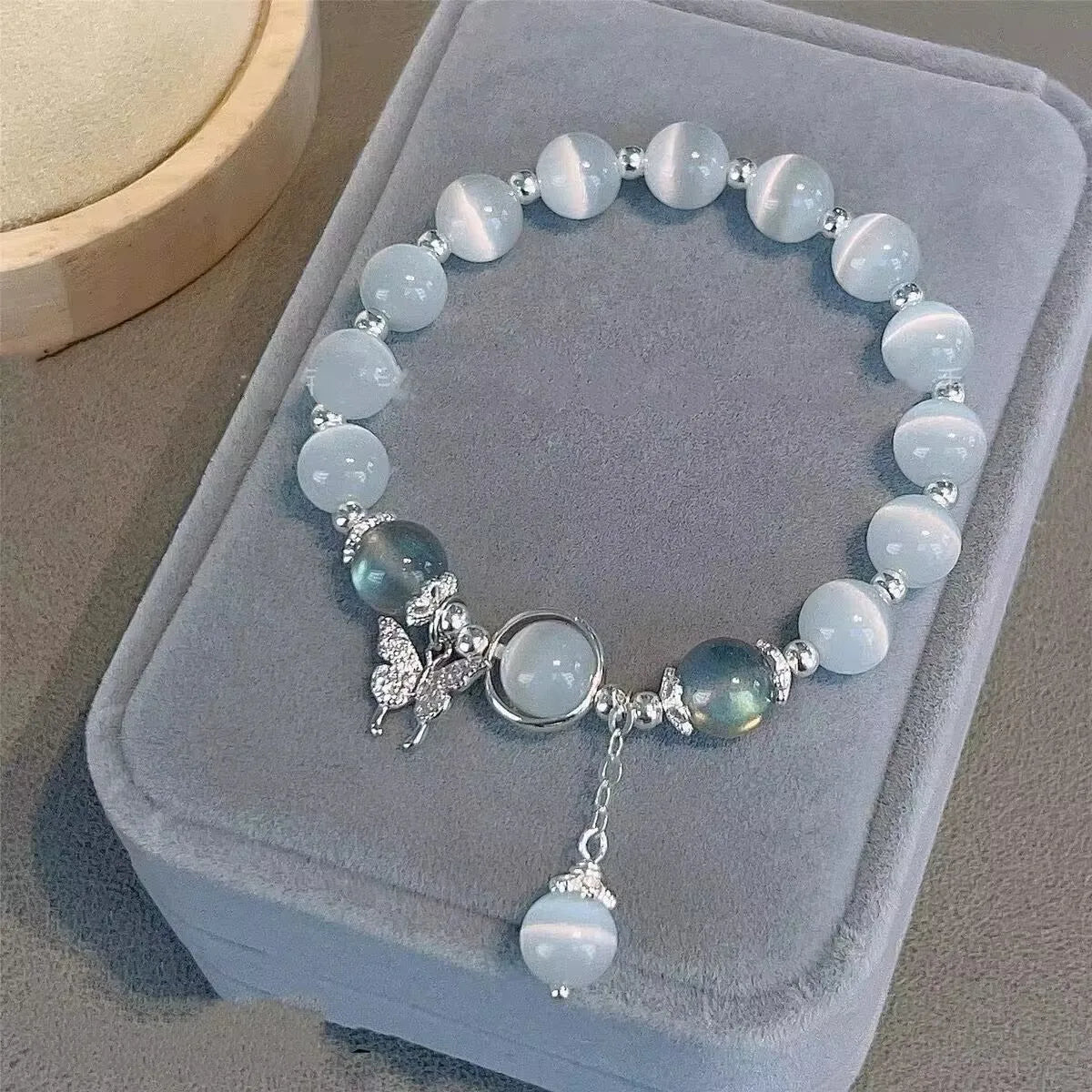 Sweet Kiss Butterfly Bracelet - Fantasy Blue Crystal & Zircon Bead Chain.