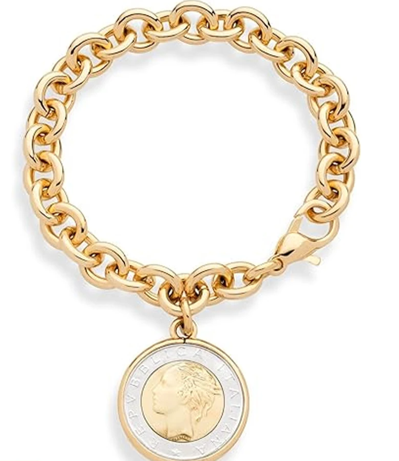 18K Gold Plated Bronze Italian 500-Lira Coin Chain Bracelet.