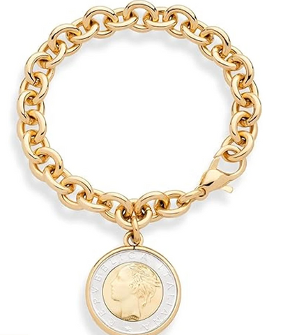 18K Gold Plated Bronze Italian 500-Lira Coin Chain Bracelet.